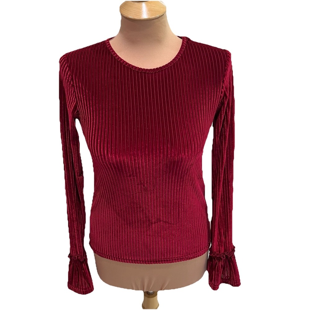 The Fifth Label Burgundy Ribbed Velvet Top Size XS Bell Sleeve Holiday Stretchy